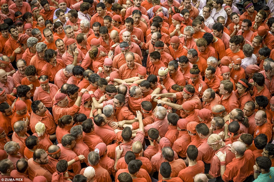 The 'Castellers de Barcelona' gather to build the base for their human tower in what is a remarkable feat of trust and teamwork