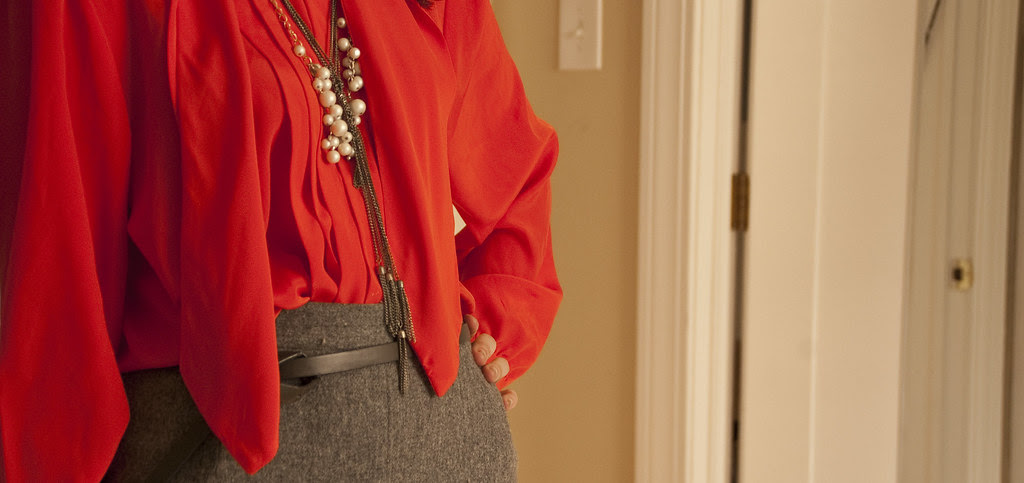 dashdotdotty, tie-neck, orange, thrifted, 80s, pleats, polyester, layered necklaces, gray wool pencil, boots, fall outfit