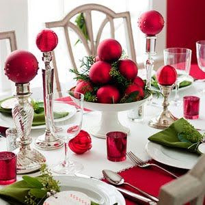 Christmas Table decor!!! Bebe'!!! Love this centerpiece featuring frosted red ornaments on candlesticks and in a bowl as a centerpiece!!!
