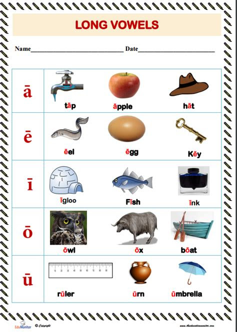 Students identify the words that start with a given vowel; long vowels worksheets edumonitor