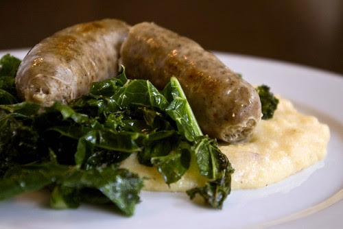 Cajun-style sausage with kale greens and maple bacon polenta
