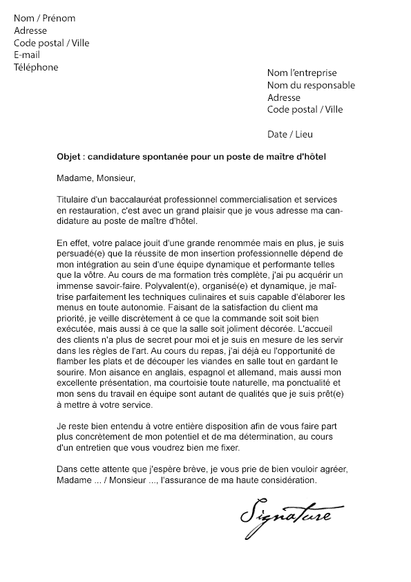 Lettre de motivation Maître d'hôtel - Modèle de Lettre