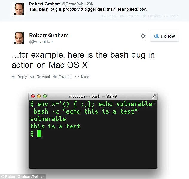 Errata security researcher Robert Graham tweeted (pictured) an example of how the bug can be exploited, and how code can be added, to websites on Macs running OSX. He warned that Bash is 'probably a bigger deal than Heartbleed' because it could threaten the security of millions of websites