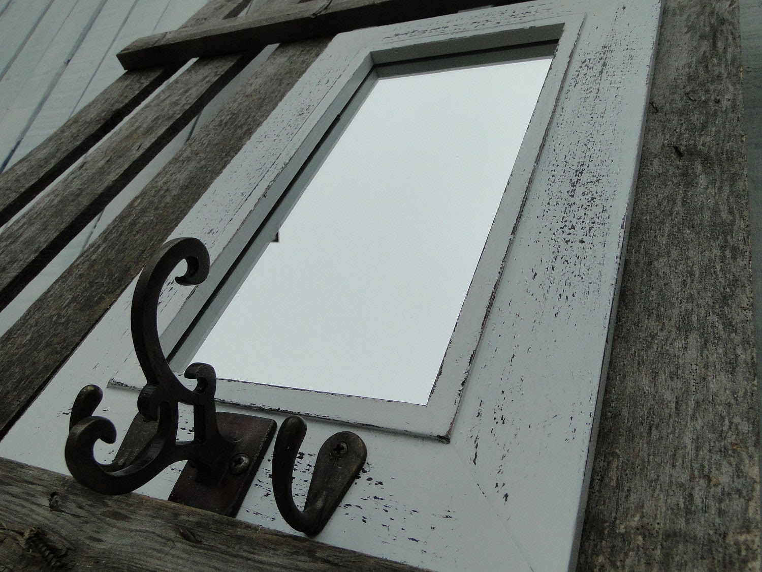 Key Hooks with Mirror in Distressed White for by TRWpainted