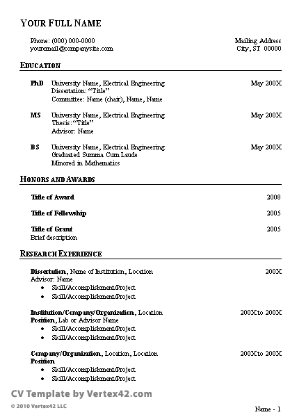 curriculum vitae examples. Curriculum Vitae Template