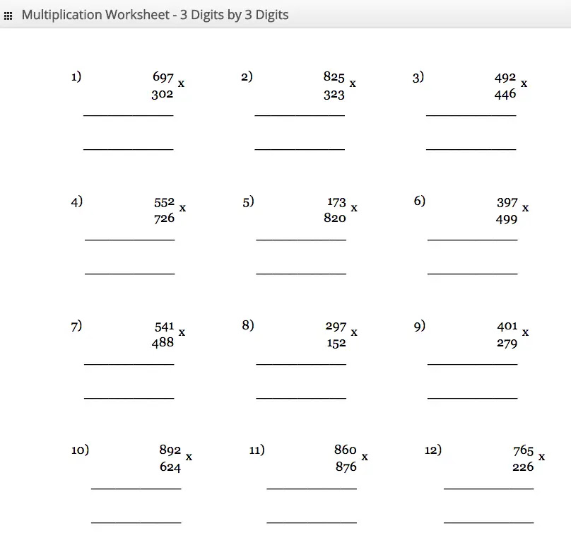 3 by 3 digit multiplication worksheet