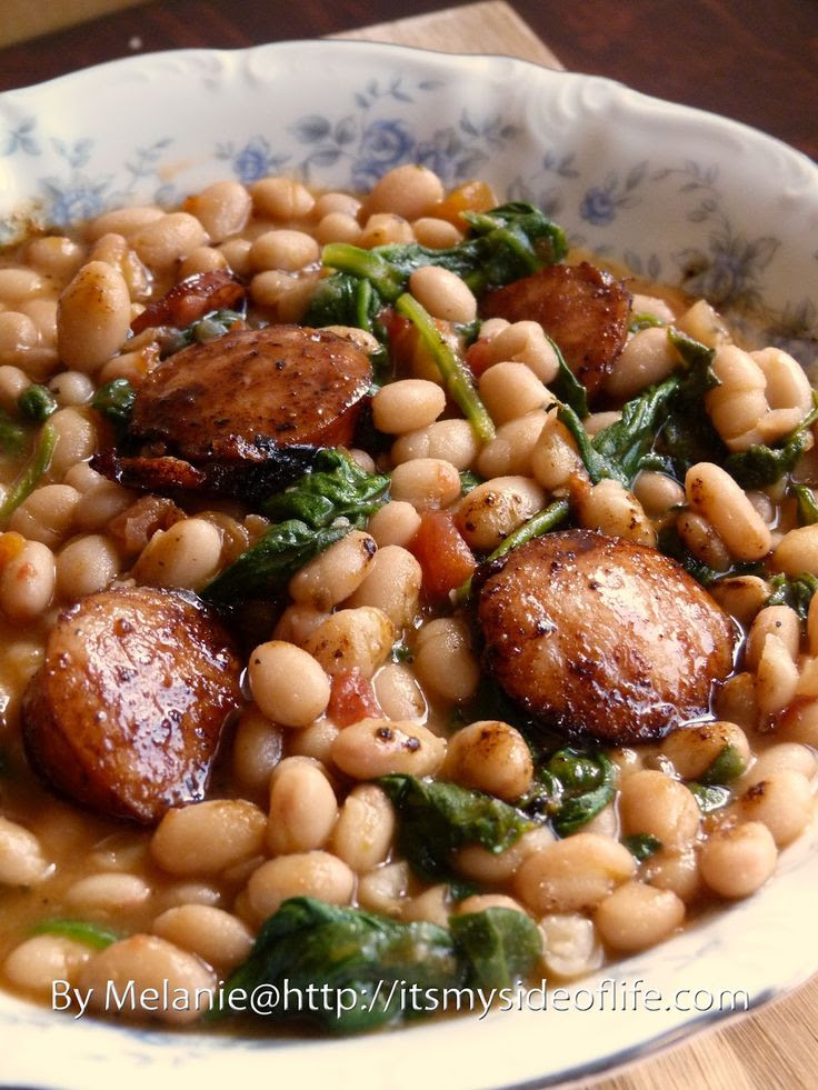 White Beans with Spinach & Sausage.  Use chicken or turkey sausage.