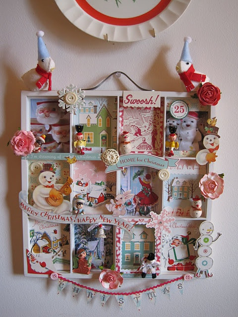 Vintage card shadow box with lots of cute little trinkets thrown in.