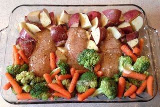 Easy baked chicken dinner. Can use different veggies to change it up! 1 pkg. chicken breasts, 1 pkg. Italian dressing, new potatoes, veggies, 1 stick of butter. Place chicken in 9x13, put veggies on one side, potatoes on other. Sprinkle Italian seasoning, pour 1 stick melted butter on top. Cover with foil, bake at 350 degrees for one hour. Simple as that!