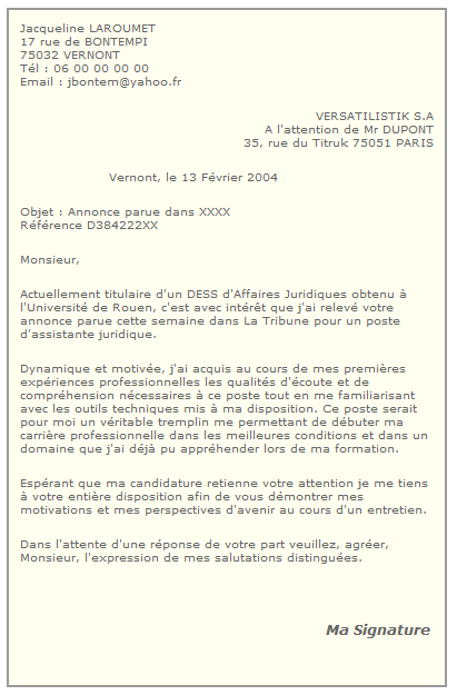 LETTRE DE MOTIVATION : EN REPONSE A UNE ANNONCE