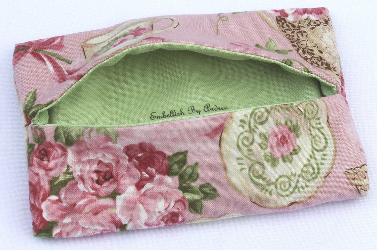 Handmade Tissue Holder, Kleenex Holder, Breast Cancer Support, Tea Cup Fabric, Embellish By Andrea