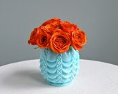 Turquoise Blue Milk Glass Vase by Fostoria with Swag and Diamond Design - BarkingSandsVintage