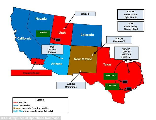 Hostile: Un documento militare non classificati rivela gli Stati coinvolti in un controverso multi-agenzia esercizi di addestramento che metterà 1.200 militari in 7 Southwest Stati - con i residenti dello Utah, Texas e parte della Southern California designati come 'ostile'