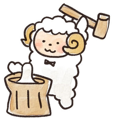 無料素材 杵と臼でお餅をつく羊のキャラクターのイラスト 元気な雰囲気が可愛いデザイン