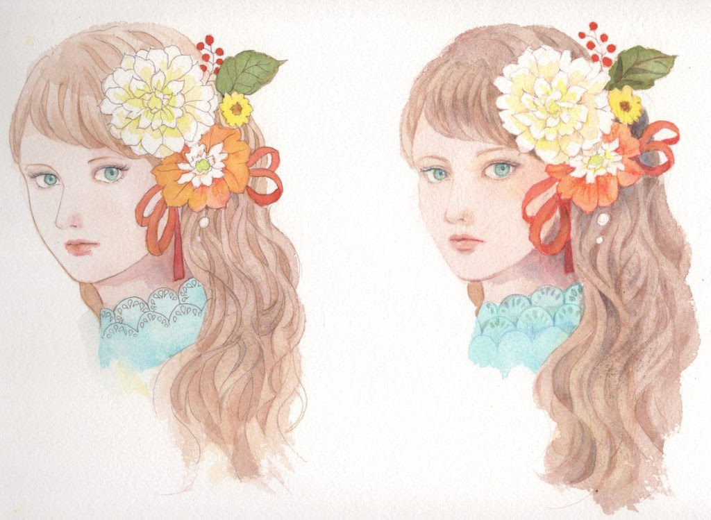 透明水彩のイラスト ペンで線画を描く 鉛筆で線画を描く 同じ絵で比較して見た 枯葉庭園 水彩読本