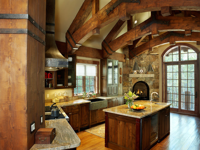  Timber  Frame  Home  Rustic  Kitchen by Sitka Log Homes 