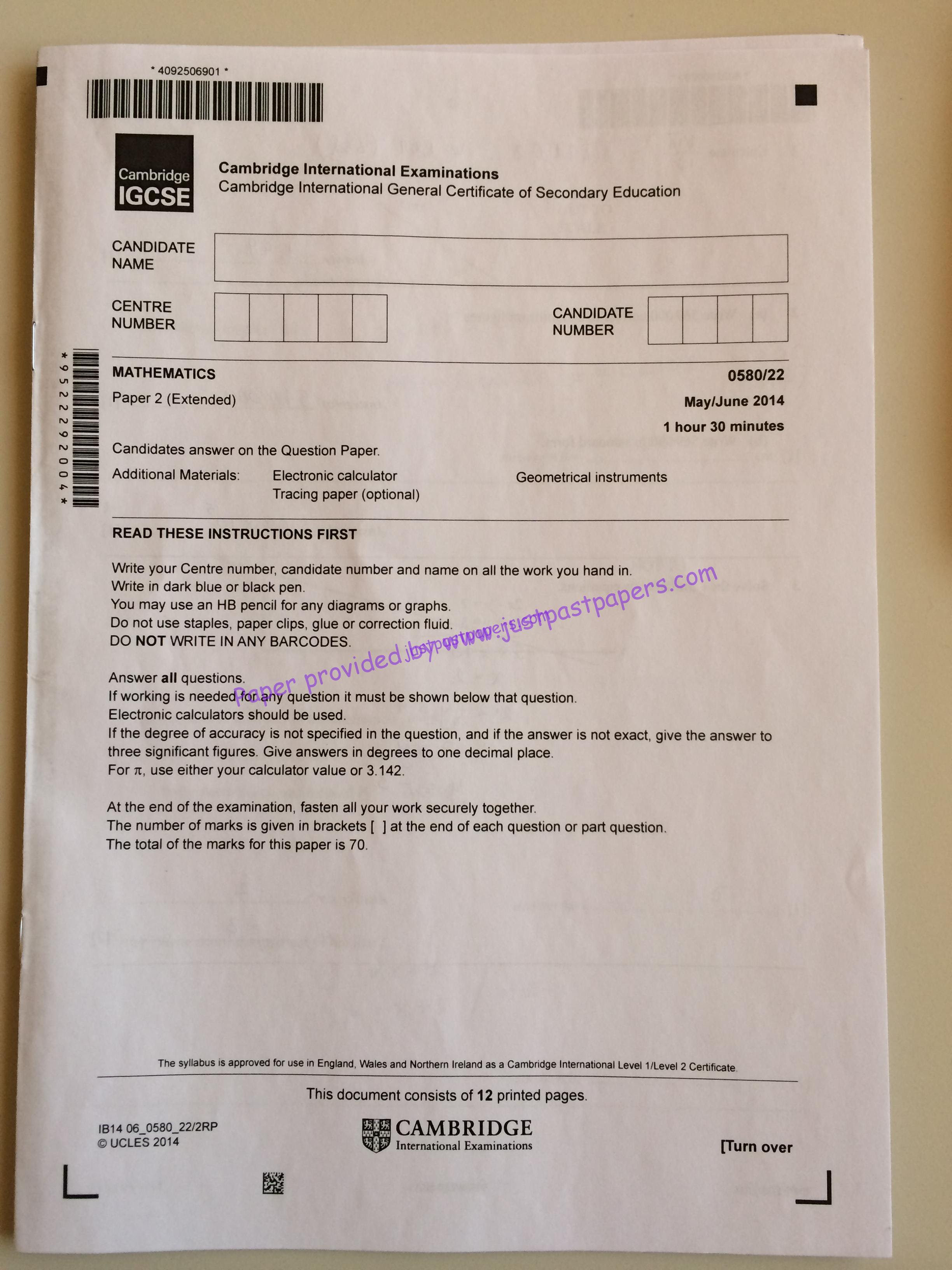 pakistan in cambridge test english CIE 2014 Paper 0580, May/June 22, IGCSE Extended,