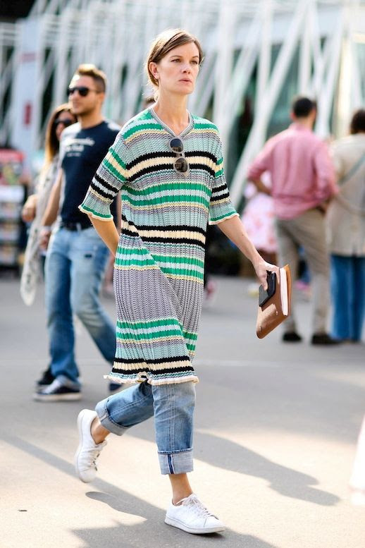Le Fashion Blog Street Style Mfw Long Ribbed Striped Knit Cuffed Boyfriend Jeans White Sneakers Via Refinery29