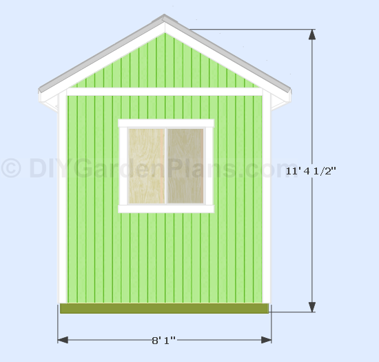 Shed depth 8′ 1″ measured from the trim. Height 11′ 4 1/2″