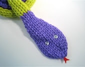 Snake scarf Purple and lime green --  Handknit Scarf  Animal accessory Chunky Yarn Animal Lover Whismical One-of-a-kind - LittleKnitsStudio