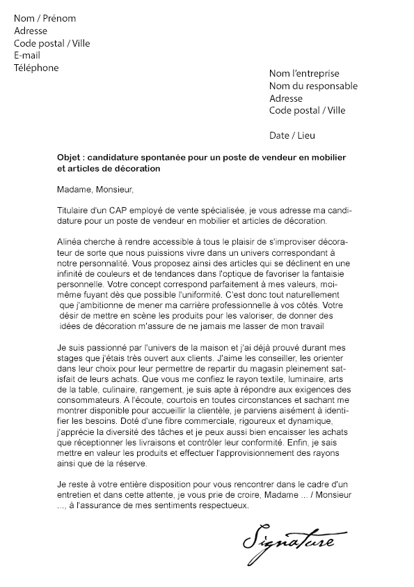 Lettre de motivation Alinéa (Vendeur mobilier et décoration)