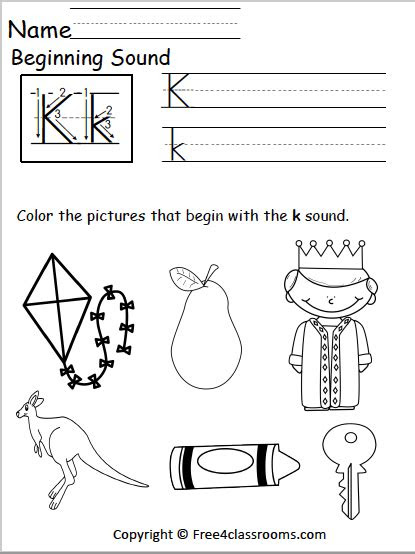  free beginning sounds worksheet letter k free4classrooms