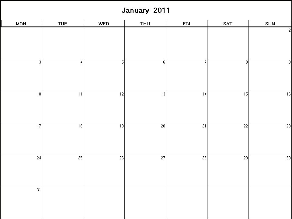 printable blank calendar image for January 2011