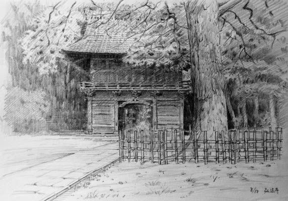 弘法寺（ぐほうじ）山門鉛筆スケッチ - 晴天独歩