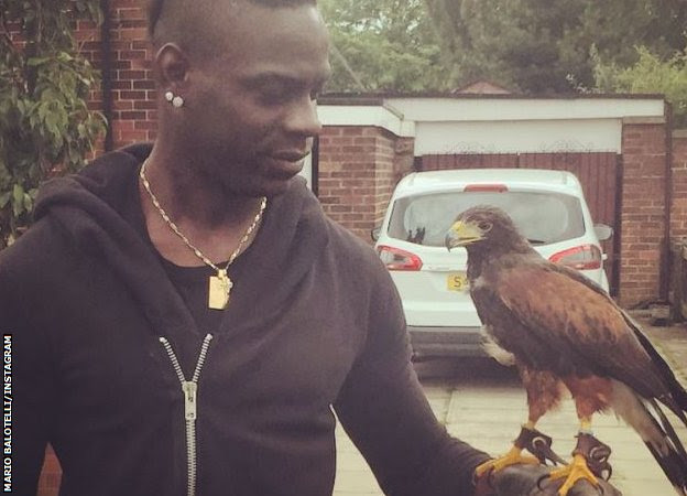 Mario Balotelli poses with a hawk