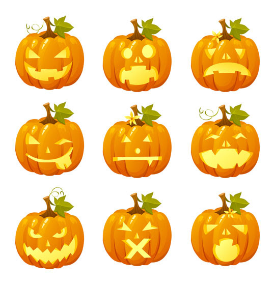 フリー素材 ハロウィンカボチャの頭のベクターイラストアイコンセット 表情豊かな可愛いデザイン