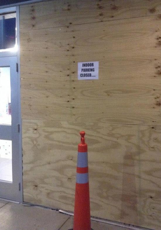 A car recently crashed through the front of a movie theater near where I live. This is the sign they posted