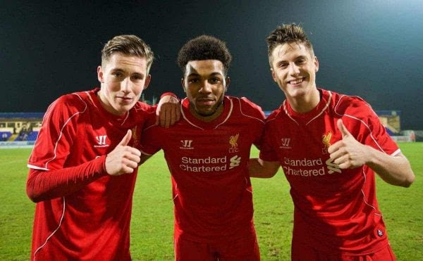 CHESTER, ENGLAND - Wednesday, January 21, 2015: Liverpool's goal scorers Harry Wilson (2), Jerome Sinclair (2) and Sergi Canos celebrate after the 5-2 victory over Derby County during the FA Youth Cup 4th Round match at the Deva Stadium. (Pic by David Rawcliffe/Propaganda)