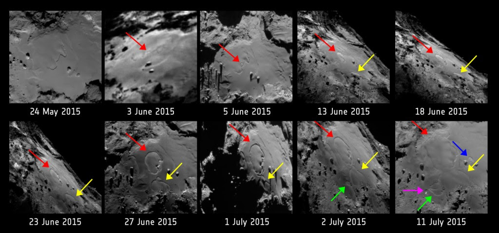 Changes reported by Rosetta scientists in the Imhotep region between May and July last year. Credits: ESA/Rosetta/MPS for OSIRIS Team MPS/UPD/LAM/IAA/SSO/INTA/UPM/DASP/IDA