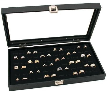Glass Top Black Jewelry Display Case 72 Slot Ring Tray