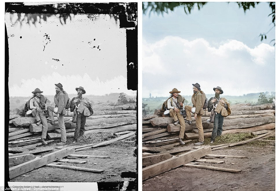 Prisoners of war: This colorized image and its original black and white stenograph taken by Mathew Brady in 1863 on top of Seminary Ridge in Gettysburg from the main eastern theater of the war show three Confederate prisoners