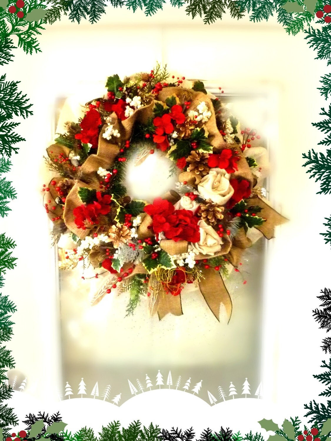 Christmas Wreath FREESHIPPING 24 inch Door wreath Cottage Chic Ready to ship Door size Wreath Berries Burlap Country Rustic Chic Charming