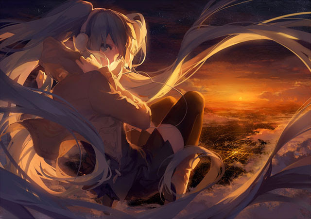 初音ミク 夕日がバックの綺麗なイラスト壁紙 ボカロ画像