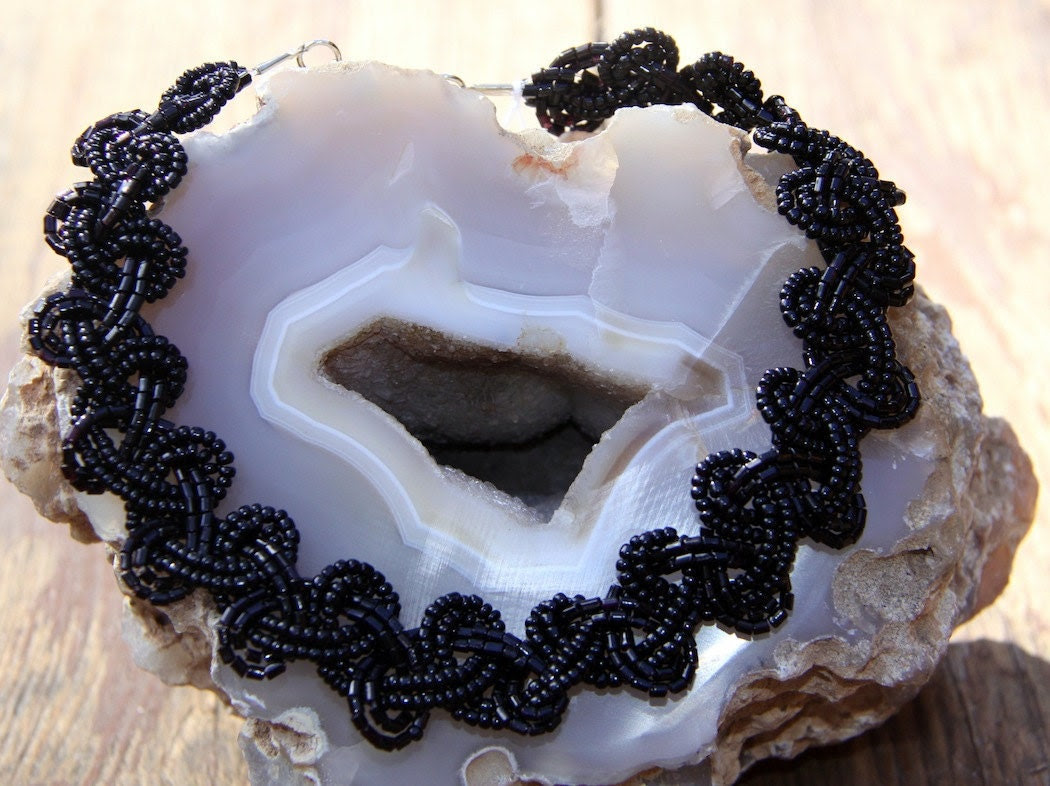 All facet cut seed beads, "Black Lace" beaded choker, adjustable necklace.