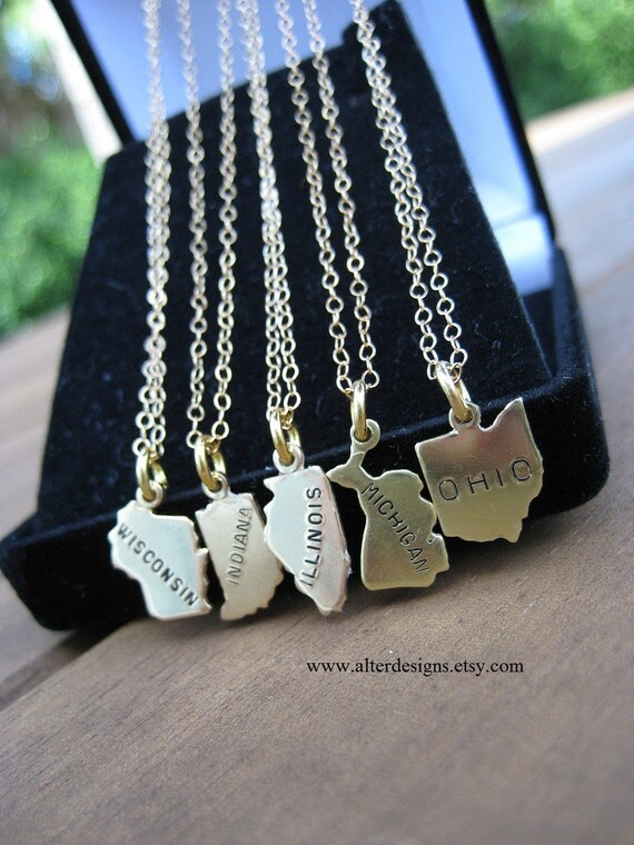 State Necklace   - Ohio, Illinois,Wisconsin, Indiana, Michigan, Iowa State Charm Necklace Midwest State Silver or Gold