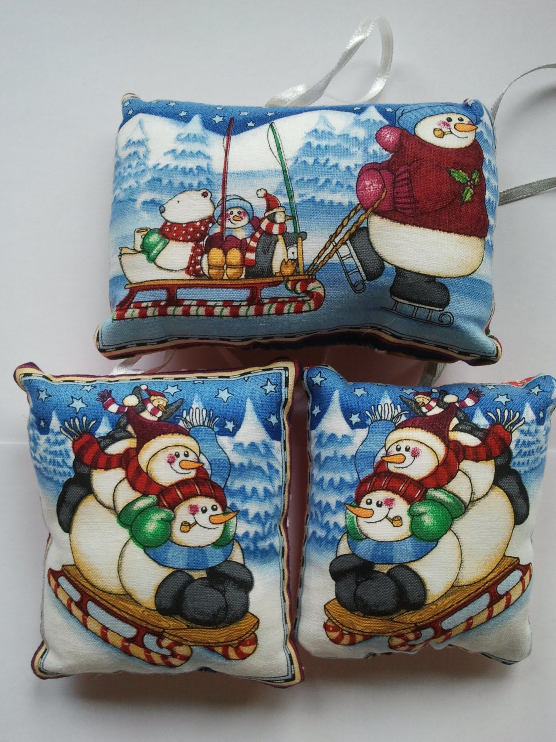 3 Fabric Christmas hanging decorations with snowman designs