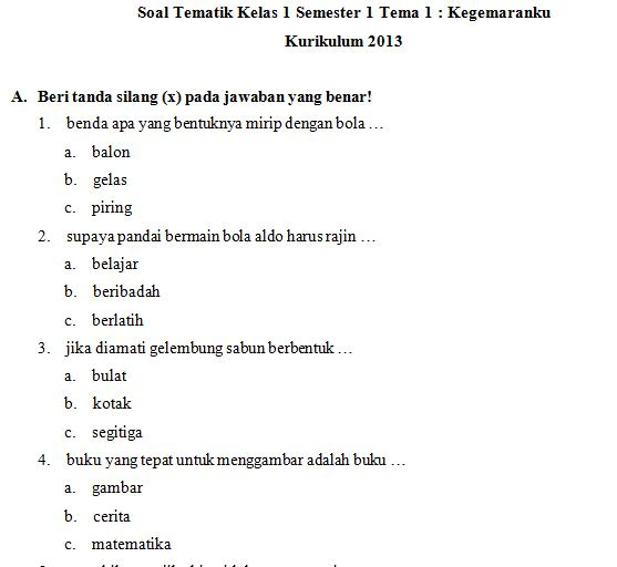 Download Kumpulan Soal SD Kelas 1 Tema 2 Kegemaranku Kurikulum 2013 Format PDF