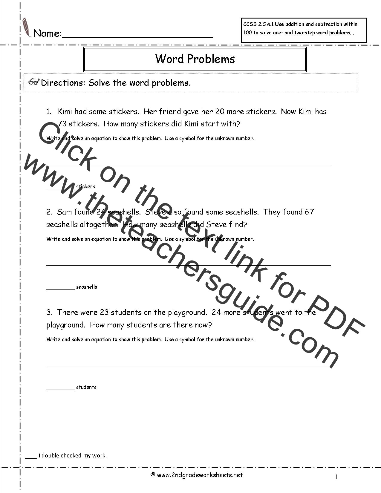 Ccss 2 Oa 1 Worksheets Addition And Subtraction Word Problems