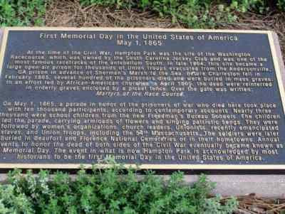 This plaque in what is now called Hampton Park in Charleston, S.C., marks the place where Blacks held the first Memorial Day on May 1, 1865.
