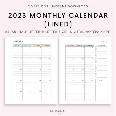  2023 monthly lined calendar printable dated month on 2 pages etsy