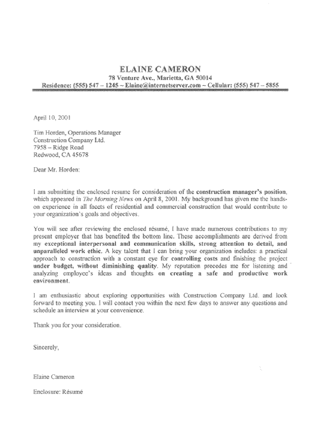 This sample cover letter complements the construction 