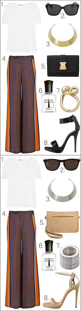 WANTJAN282012 10 CROSBY DEREK LAM PANTS/ T BY ALEXANDER WANG SHIRT DANNIJO CUFF NECKLACE, MAISON MARTIN MARGIELA RING SUNGLASSES/ LINDA FARROW FOR THE ROW SUNGLASSES/ GIUSEPPE ZANOTTI HEELS/ METAL METALLIC JEWELRY DETAILS