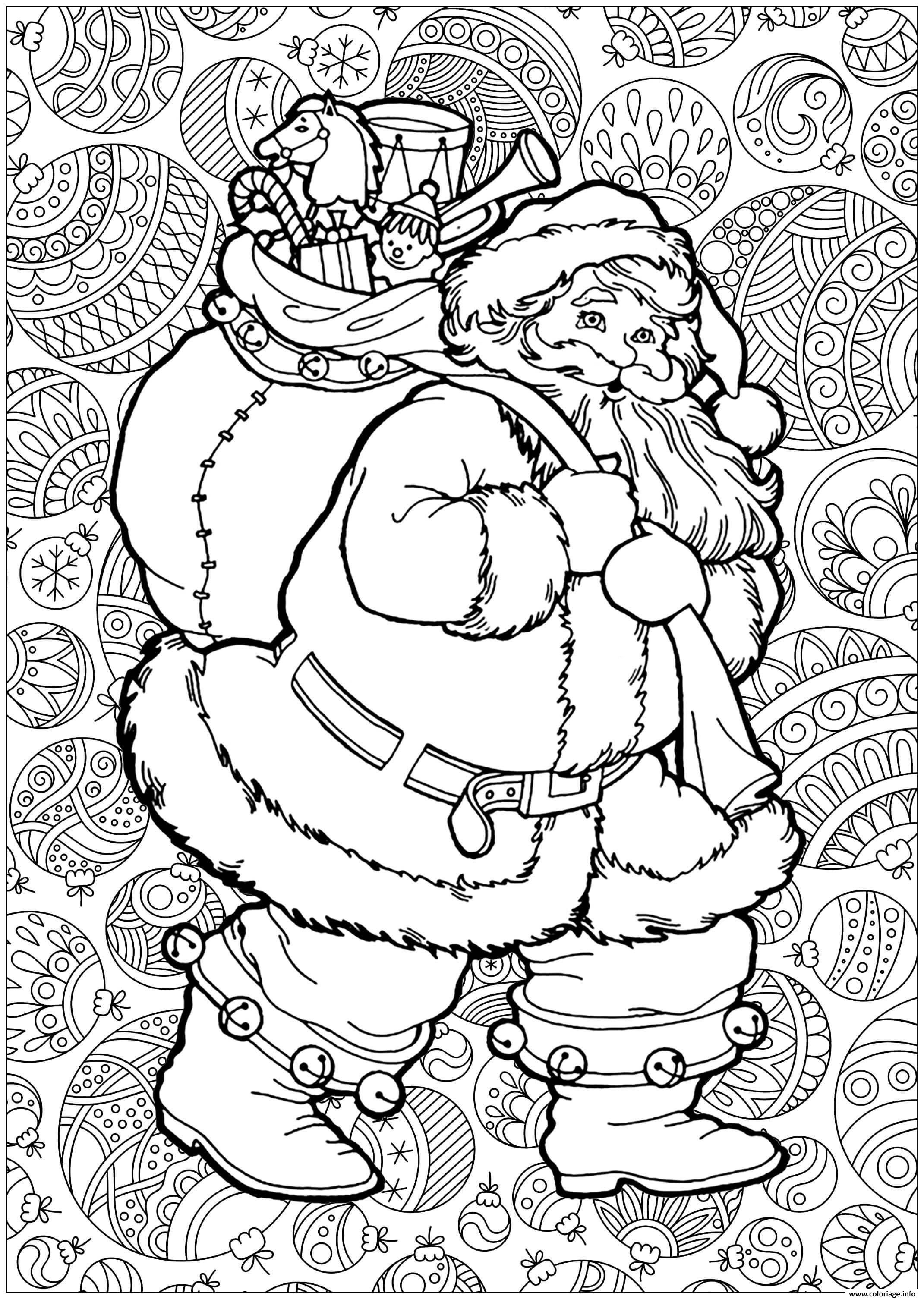 Coloriage adulte pere noel avec fond de boules de noel  JeColorie.com