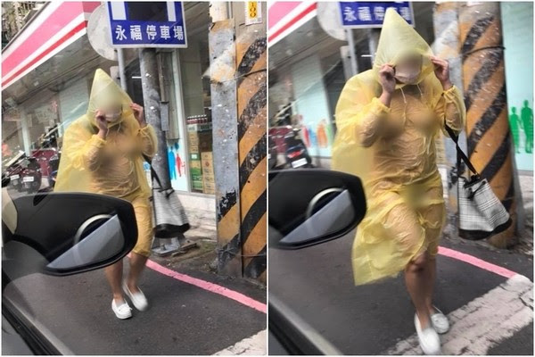 ▲▼雨衣黏乳前兩點！「口罩女王」疑現三重驚世裸體　路人嚇傻。（圖／翻攝爆料公社）