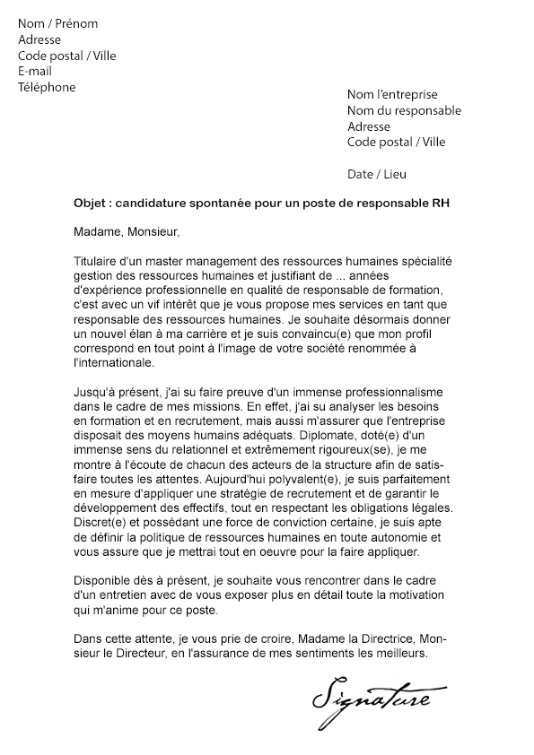 Lettre de motivation Responsable RH - Modèle de Lettre