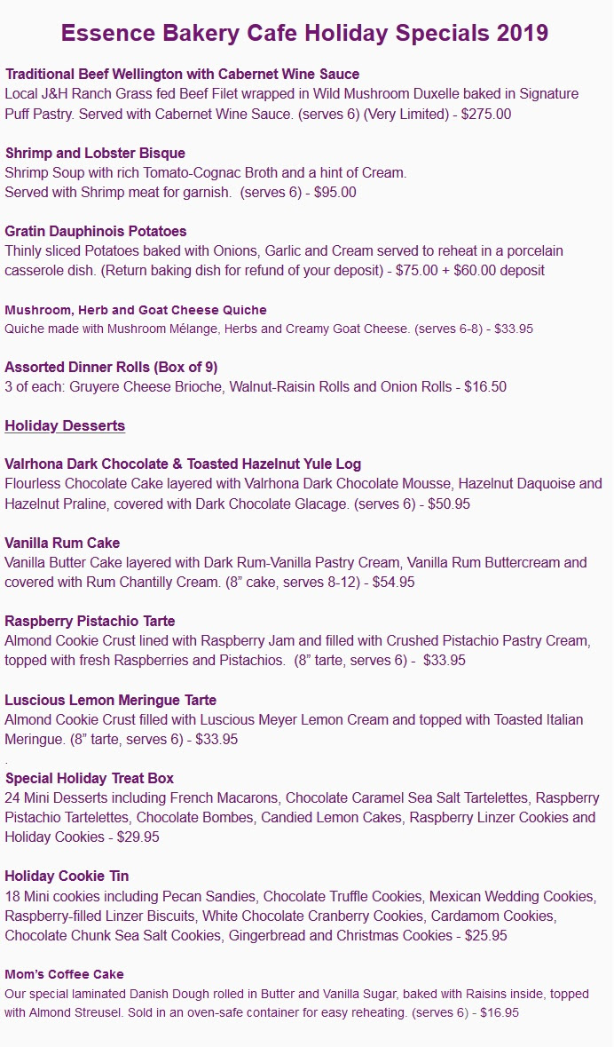 Daily Specials Week Of December 9th 19 And Holiday Menu Essence Bakery